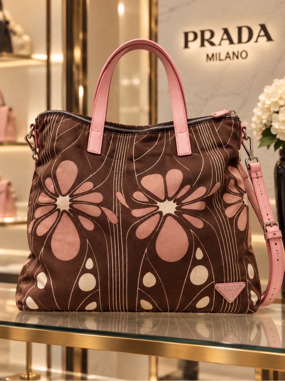 Authentic Prada Stampata “Pink in Bloom” Brown Canvas 2-Way Tote